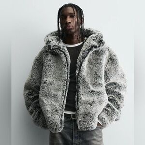 NWT Zara Man FAUX FUR HOODIE JACKET Size XL